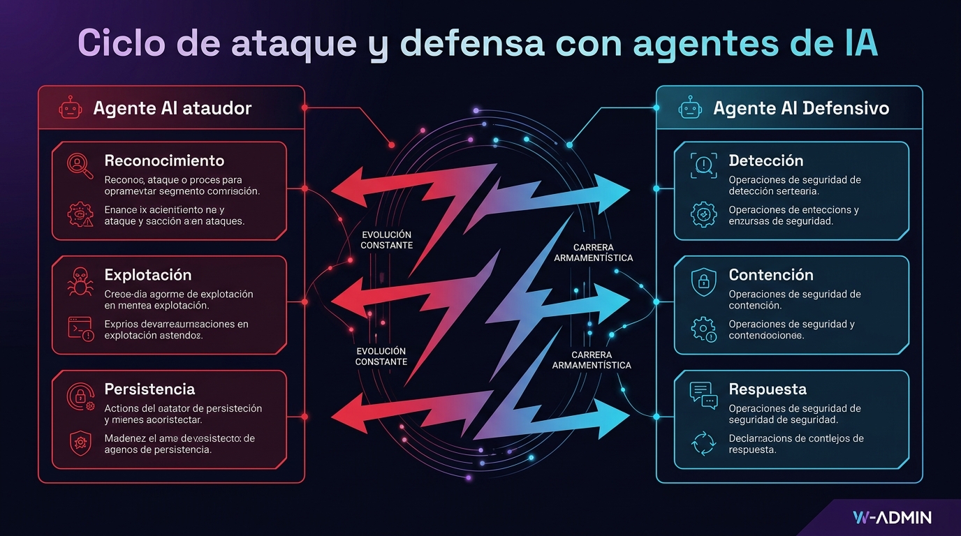 Diagrama: Ciclo de ataque y defensa con agentes de IA