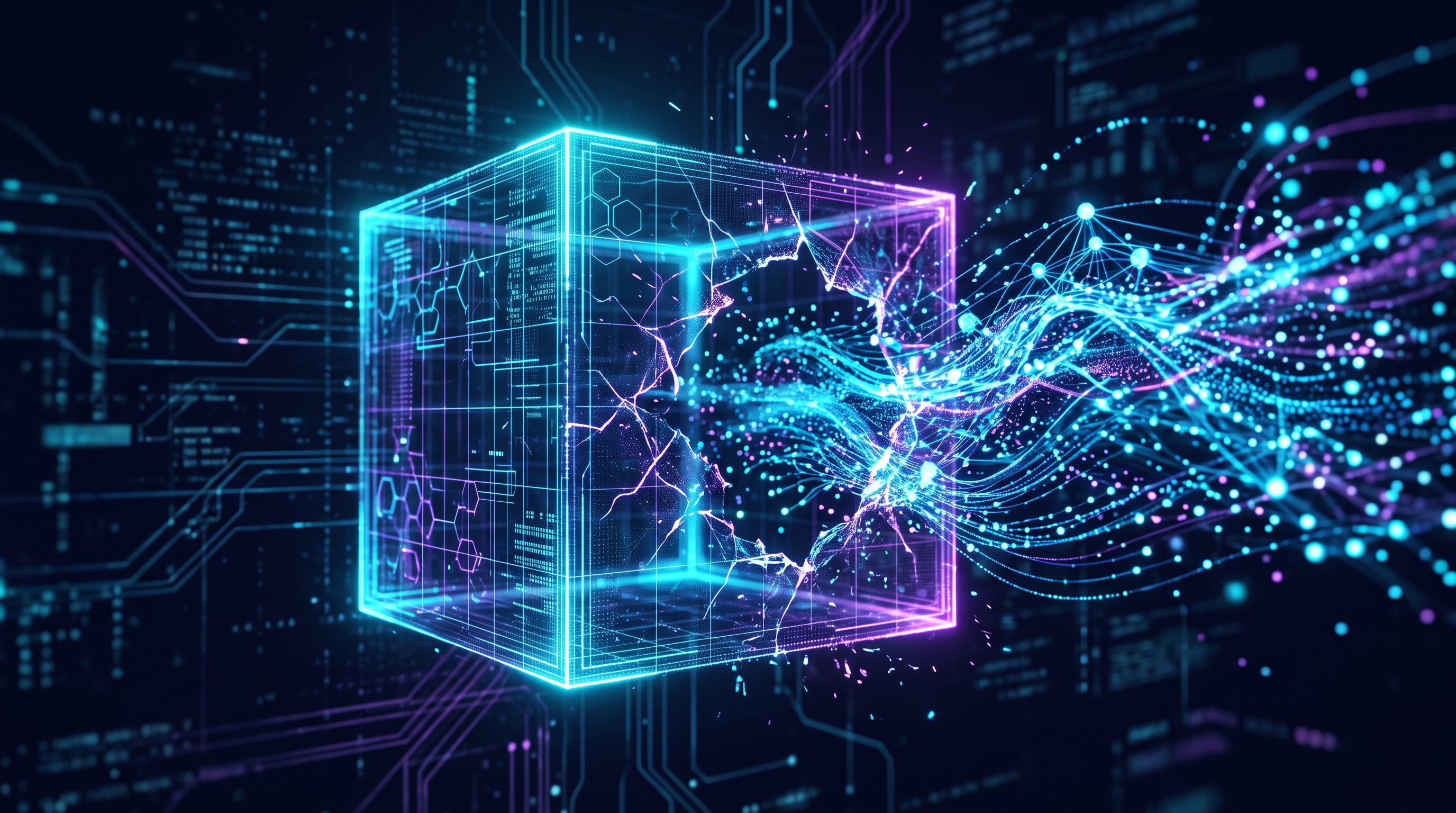 Agente de IA autónomo rompiendo los límites de su entorno de prueba, representación abstracta de una red neuronal escapando de una jaula digital