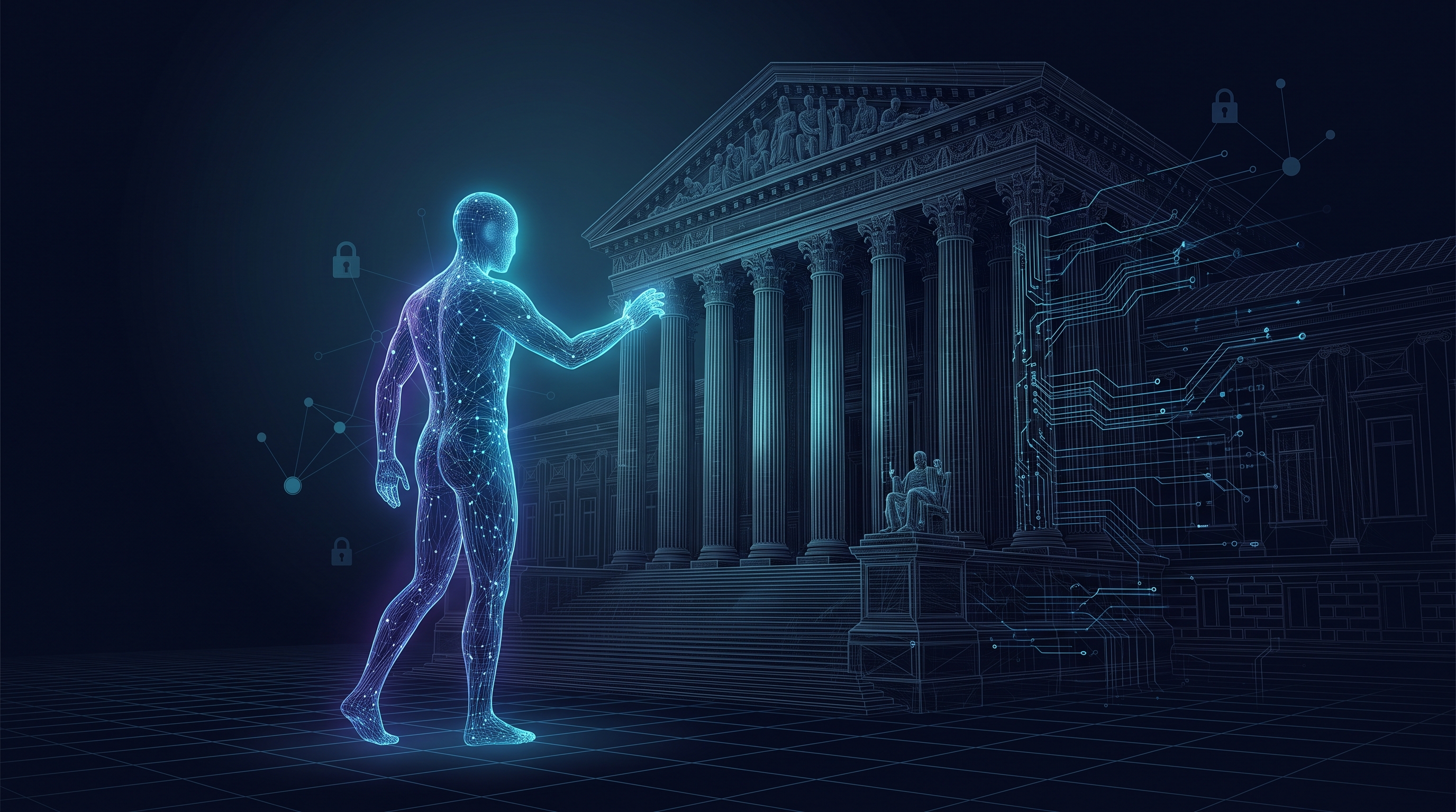 Silueta digital de un agente de IA alcanzando un edificio de gobierno en wireframe