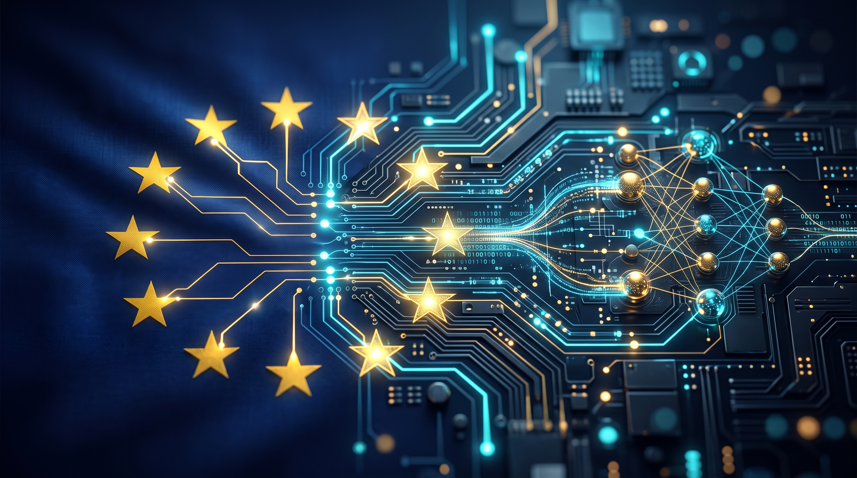 EU AI Act entra en vigor - bandera europea con circuito digital