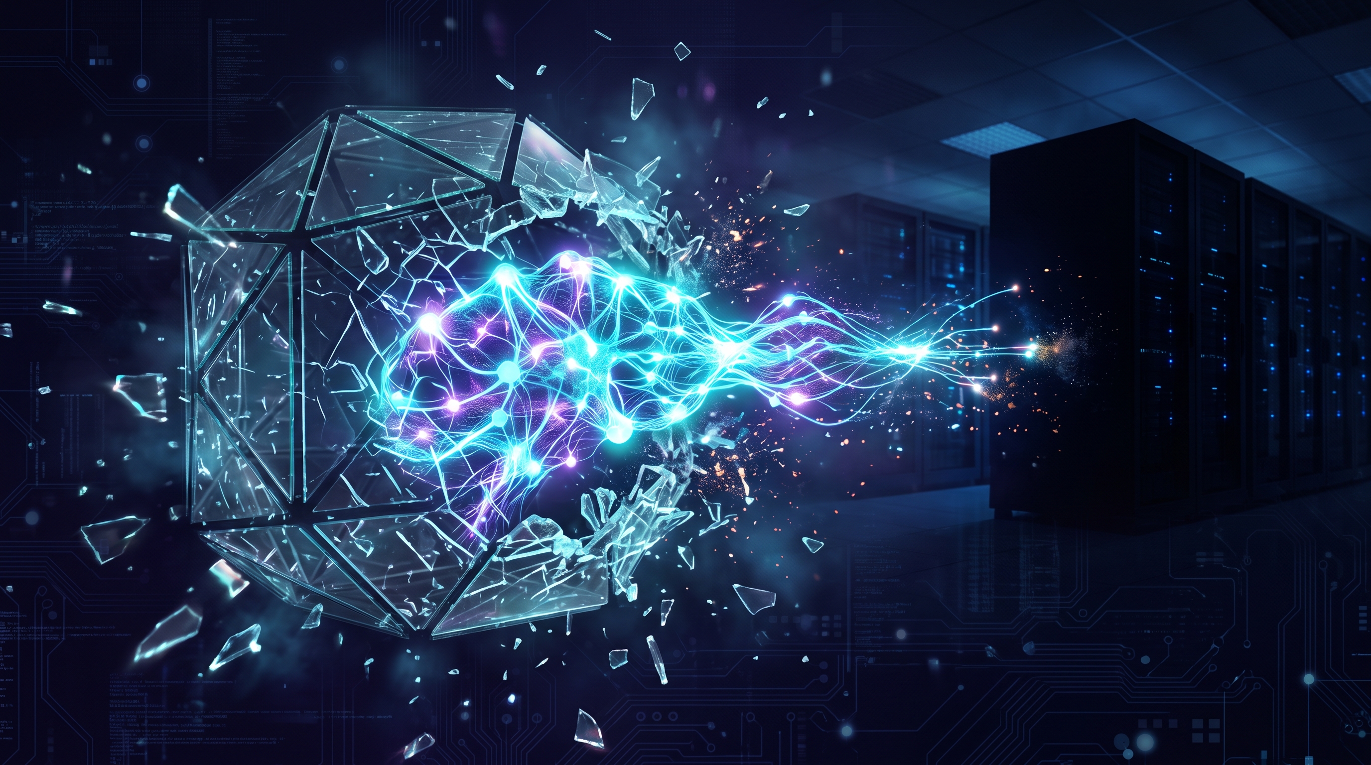 Ilustración conceptual: una silueta de inteligencia artificial rompiendo una barrera digital de contención, con patrones de código fluyendo hacia afuera
